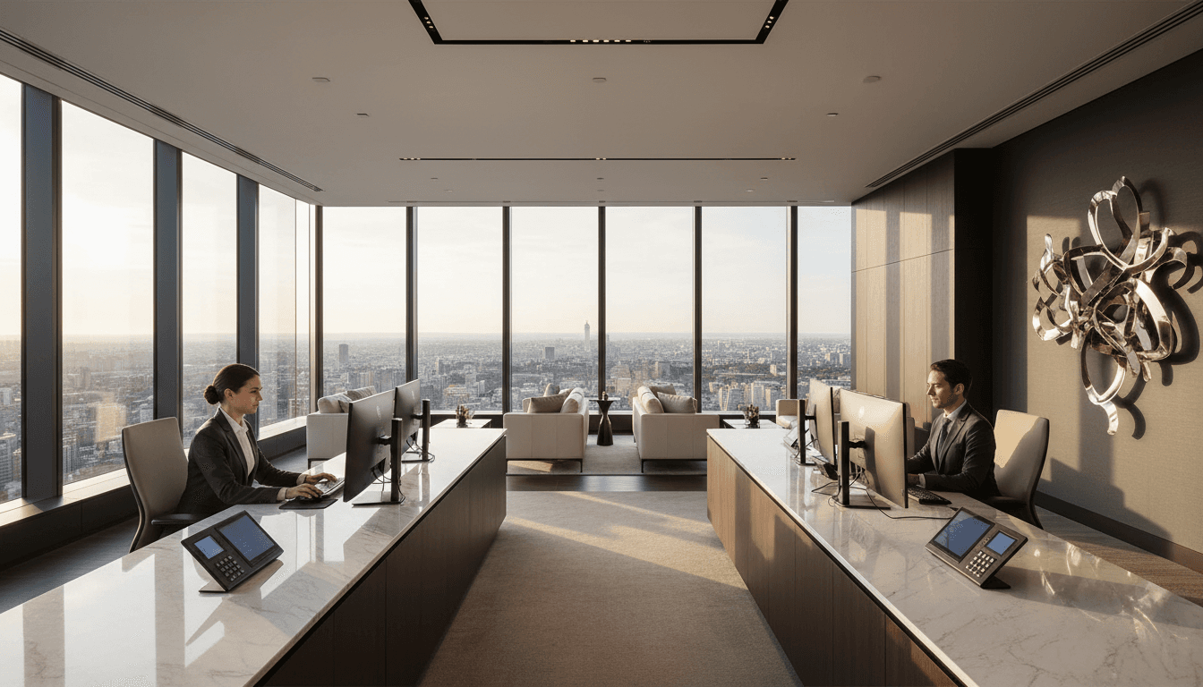 Luxury modern office interior with gold accents and sleek dark design overlooking city skyline