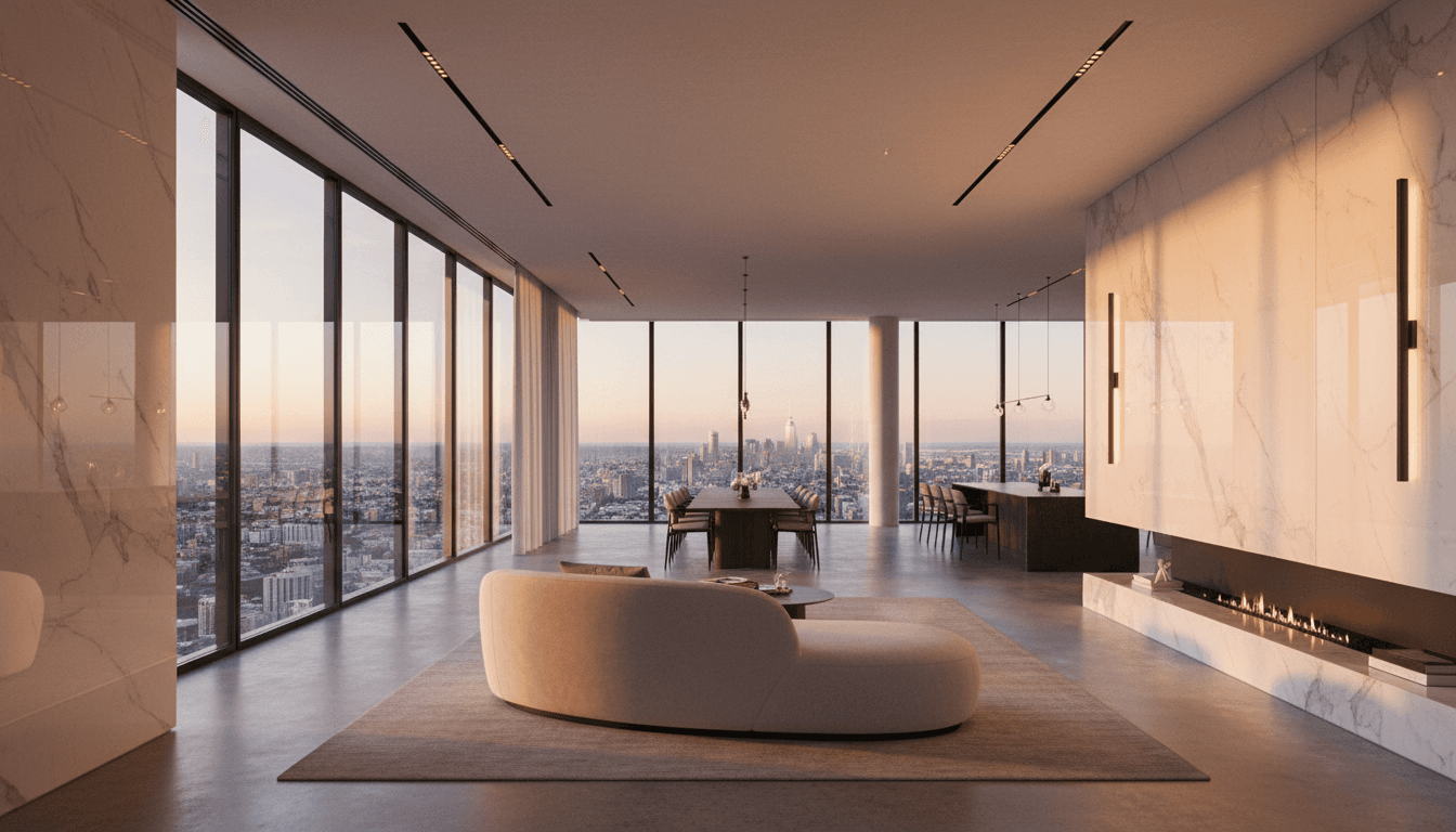 Modern luxury high-rise interior with panoramic city views and warm golden lighting