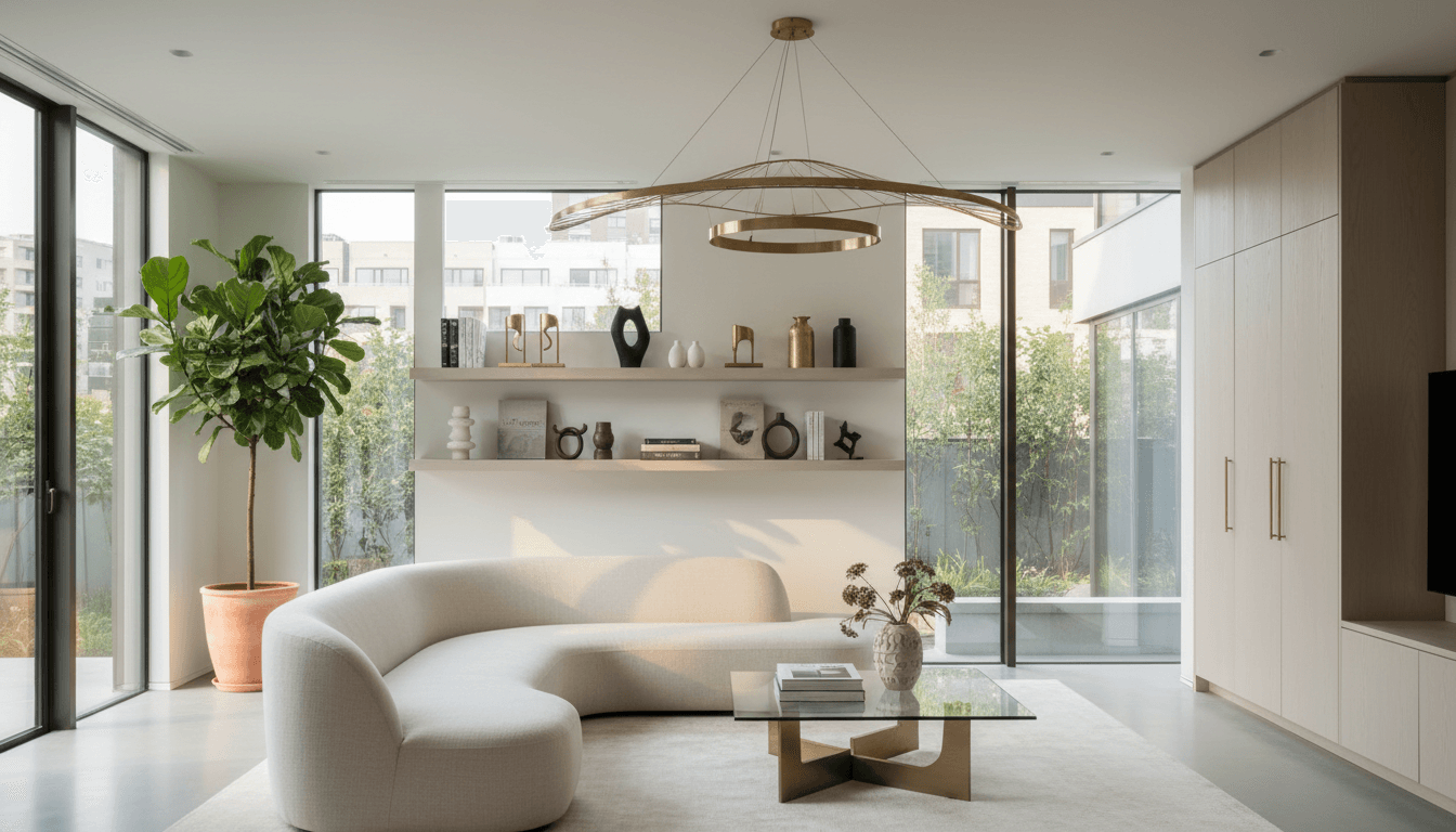 Minimalist luxury apartment interior with marble and city view