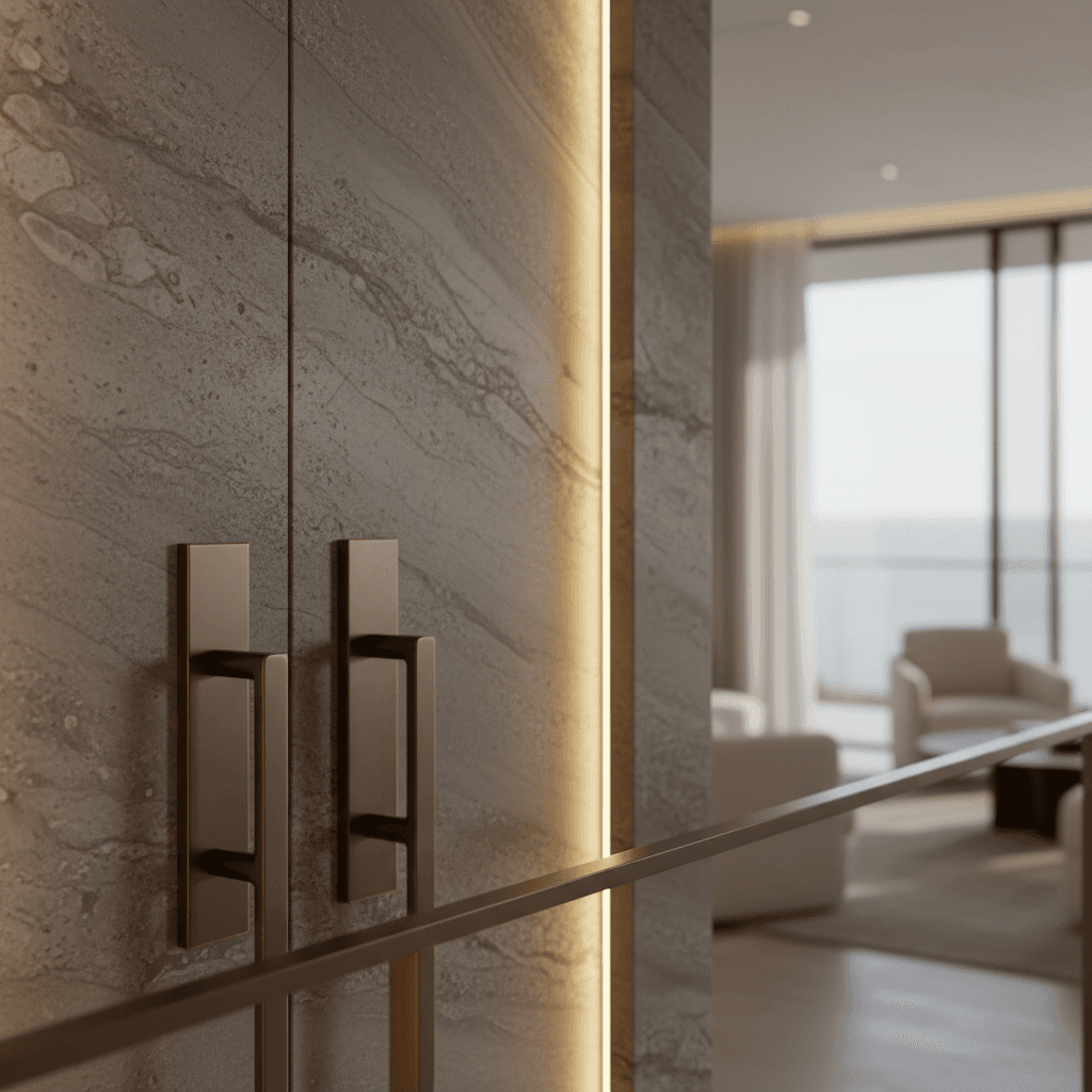 Close-up of luxury apartment interior detail with high-end finishes and warm ambient lighting